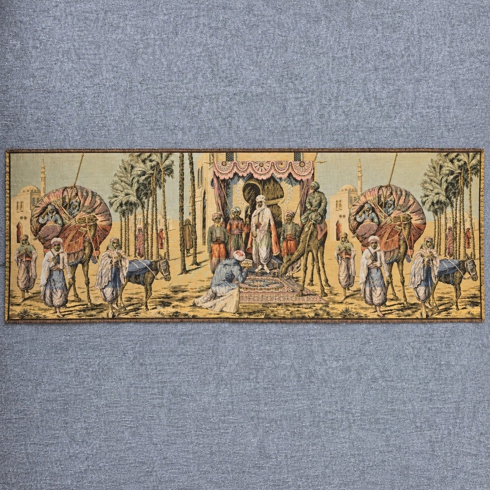 Vintage Belgian Woven Tapestry Desert Camel Caravan Scene 54x18 Runner